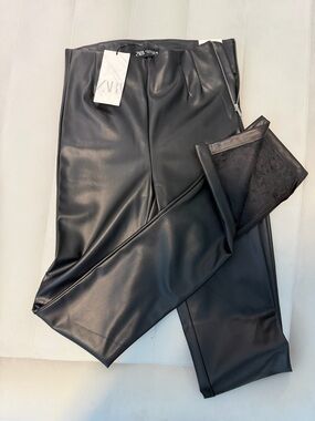 Zara Black Faux Leather Trousers with Label Detail